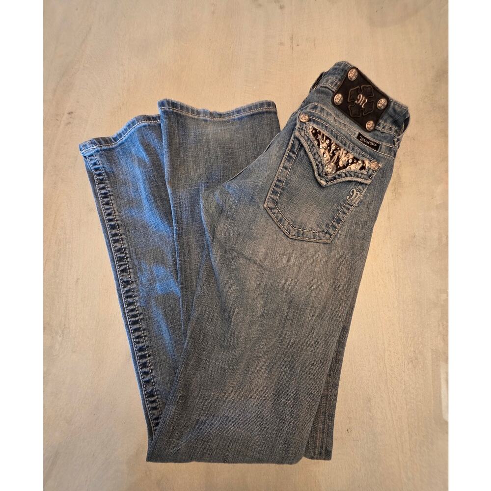 Miss Me Women's Denim Bootcut Jeans SZ 27 Zebra Print Flap Pockets Y2K Studs